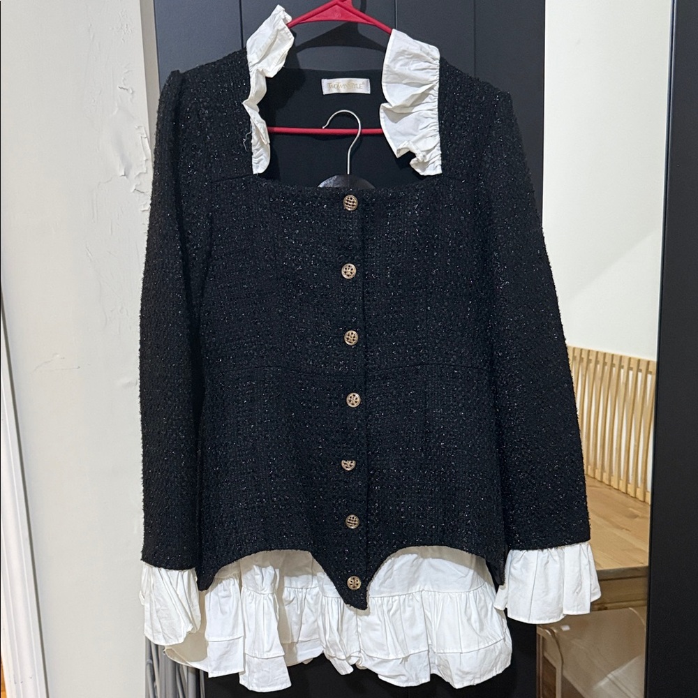 Chic Black Blazer with White Ruffle Details